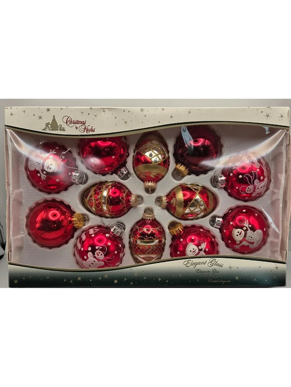Christmas by Krebs Set of 12 Red Glass Ornaments Snowmen Finials Original Box